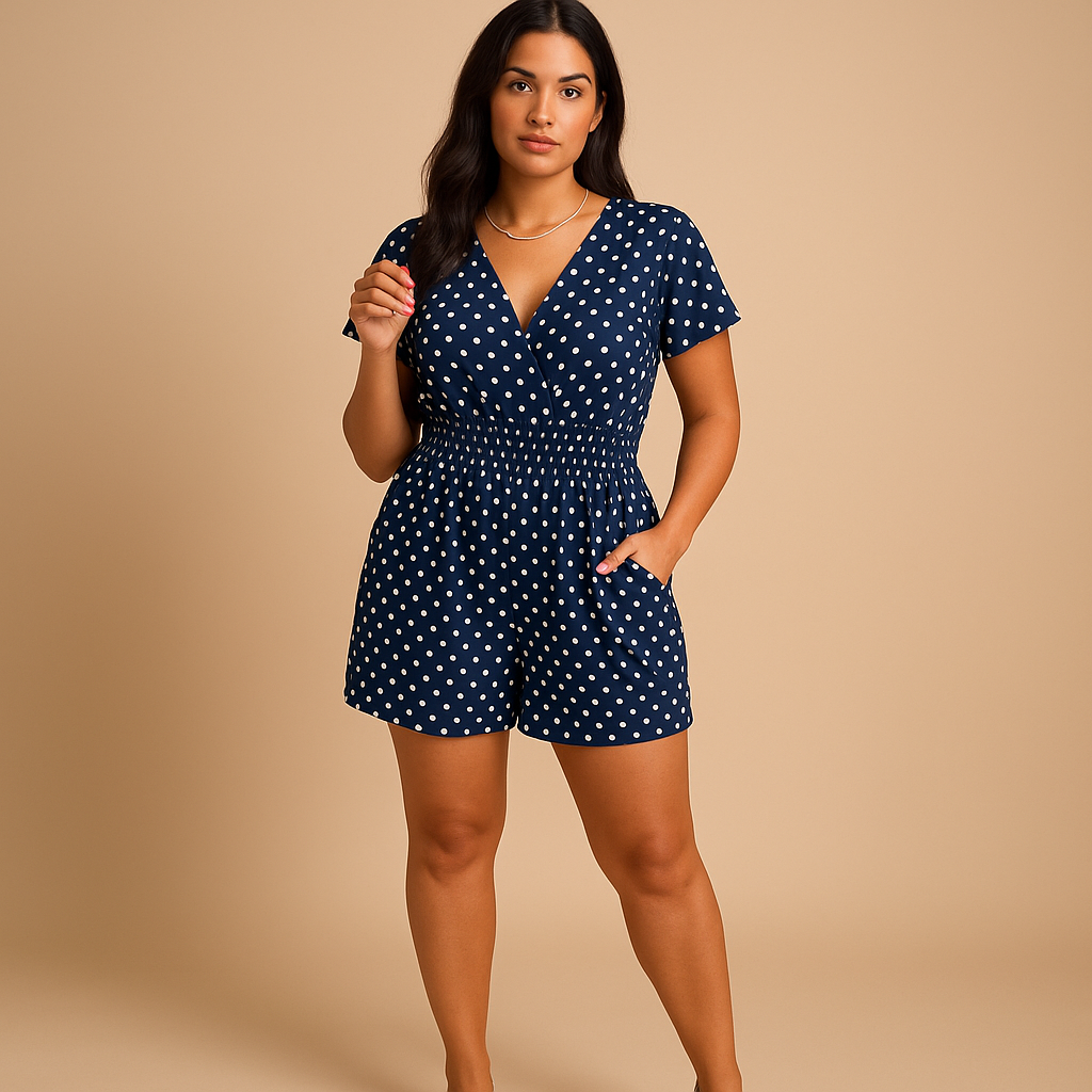 Women’s polkadot jumpsuit with practical pockets and flattering fit, ideal for casual summer days and elegant evening outings.