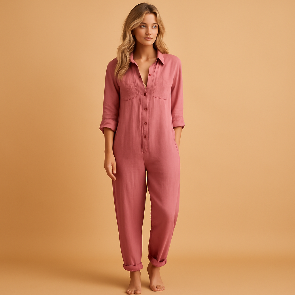 Women’s polo-style tailored jumpsuit with fitted waist and classic collar, ideal for work, social gatherings, and everyday elegance.