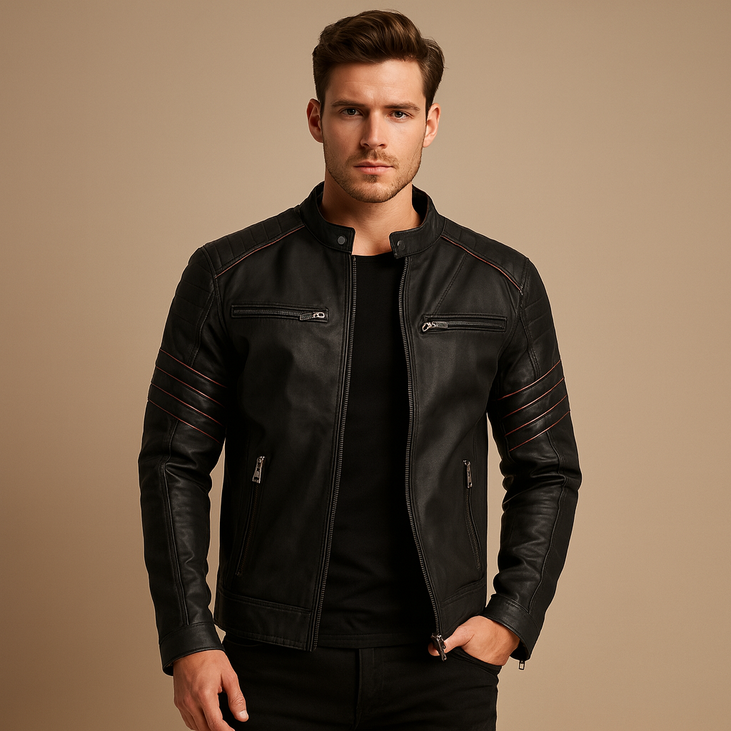Men’s premium biker jacket with weather-resistant design and structured fit, ideal for rides, casual wear, and stylish evenings.
