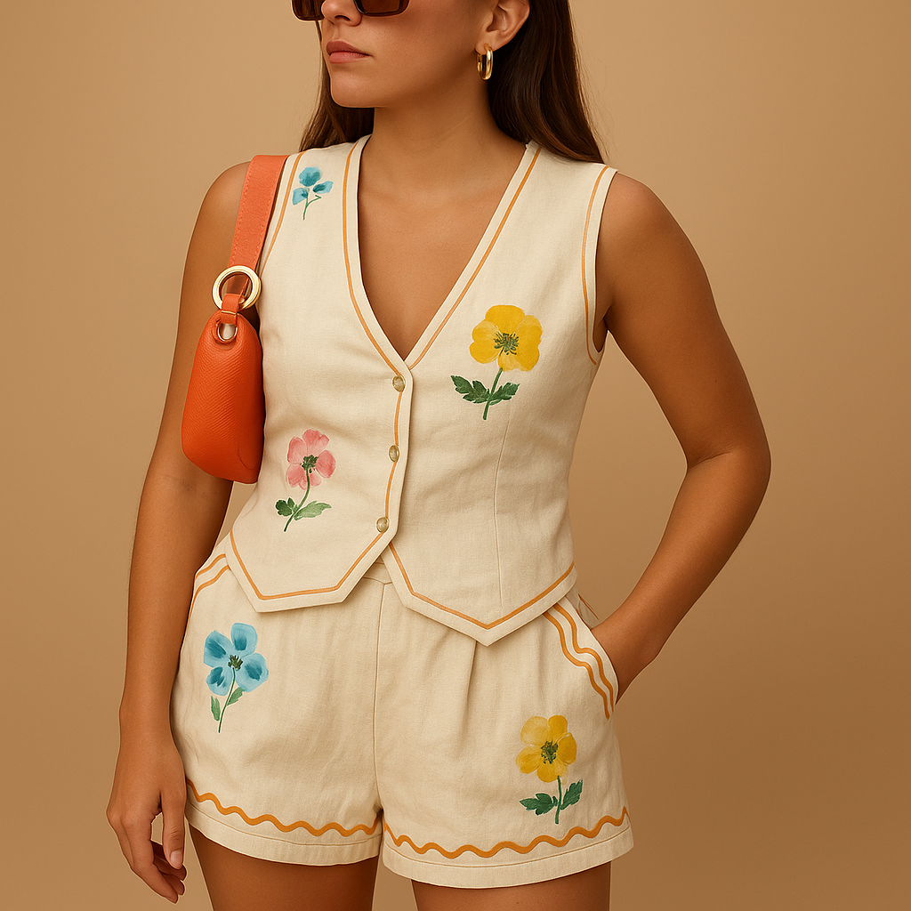 Women’s printed loungewear set with collared shirt and shorts, perfect for summer lounging, vacations, and casual outings.