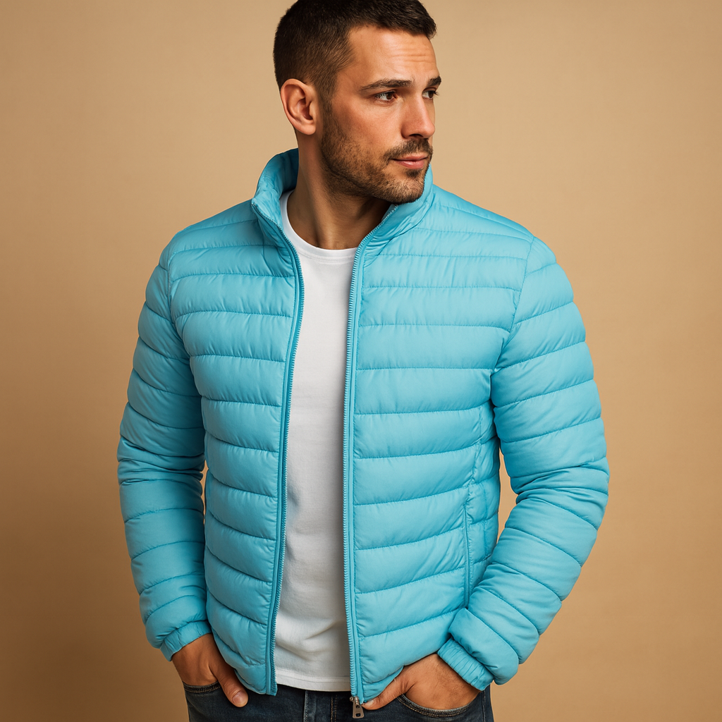 Warm puffer jacket with hood for men, designed for cold winter days with excellent insulation and stylish, durable protection.