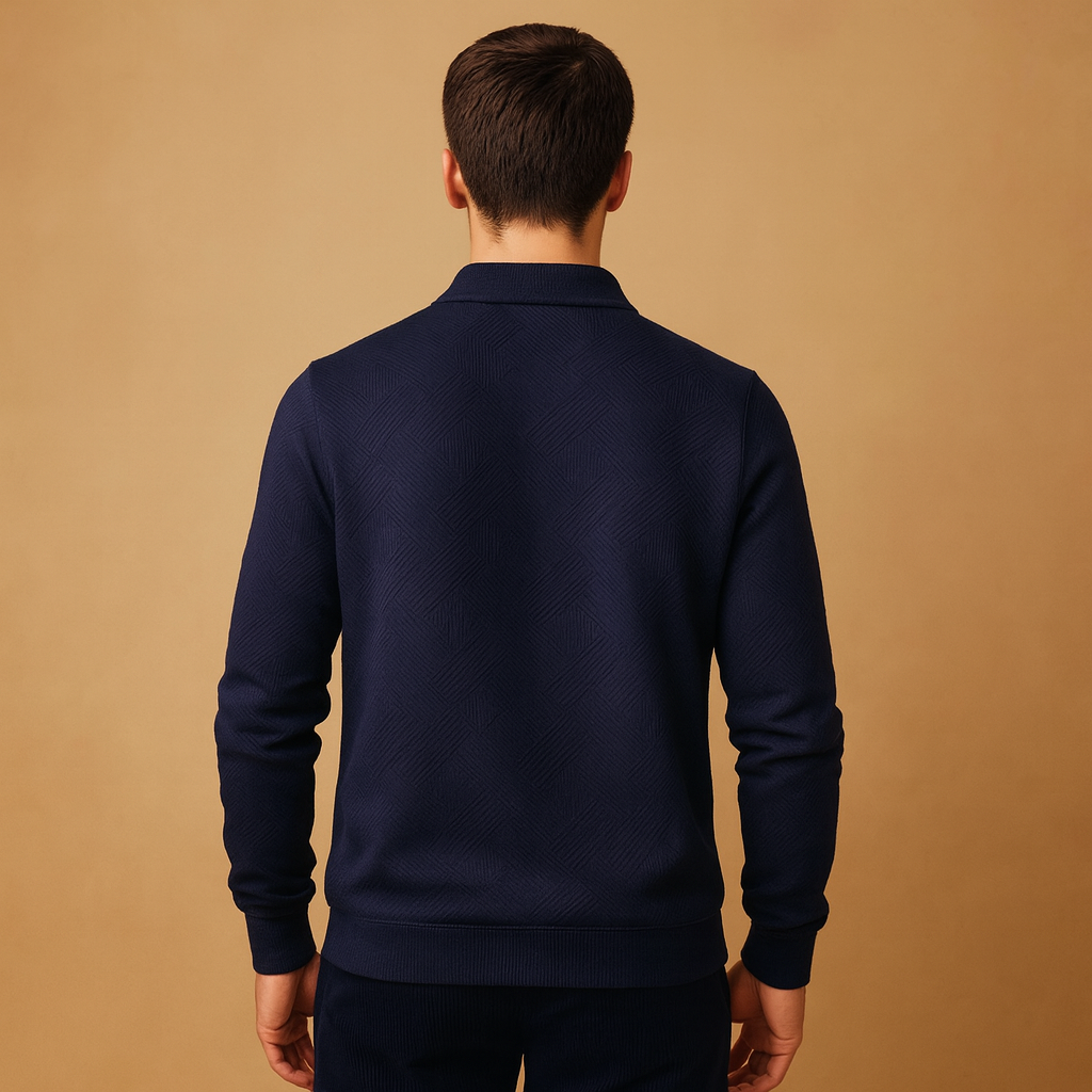 Quarter-zip polo sweater for men with geometric pattern and collared design, perfect for autumn and winter smart-casual outfits.