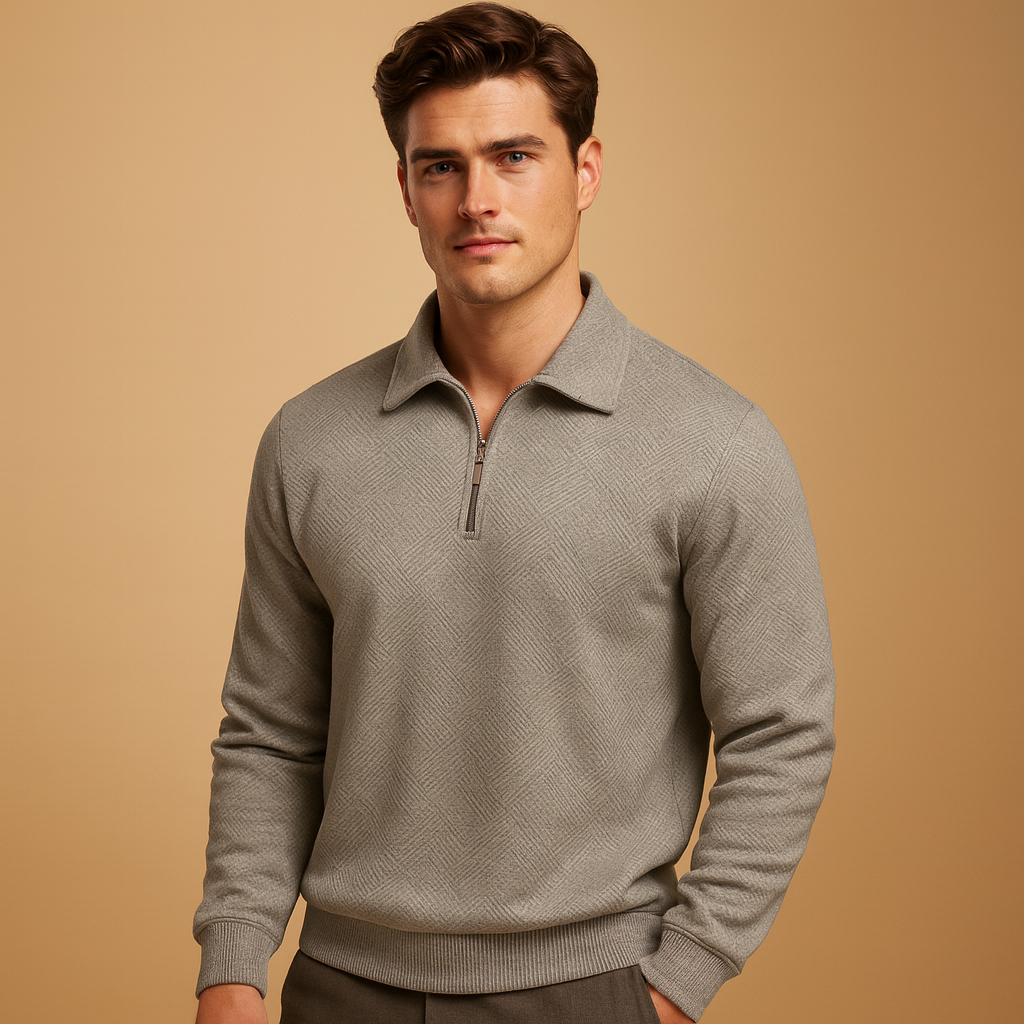 Quarter-zip polo sweater for men with geometric pattern and collared design, perfect for autumn and winter smart-casual outfits.