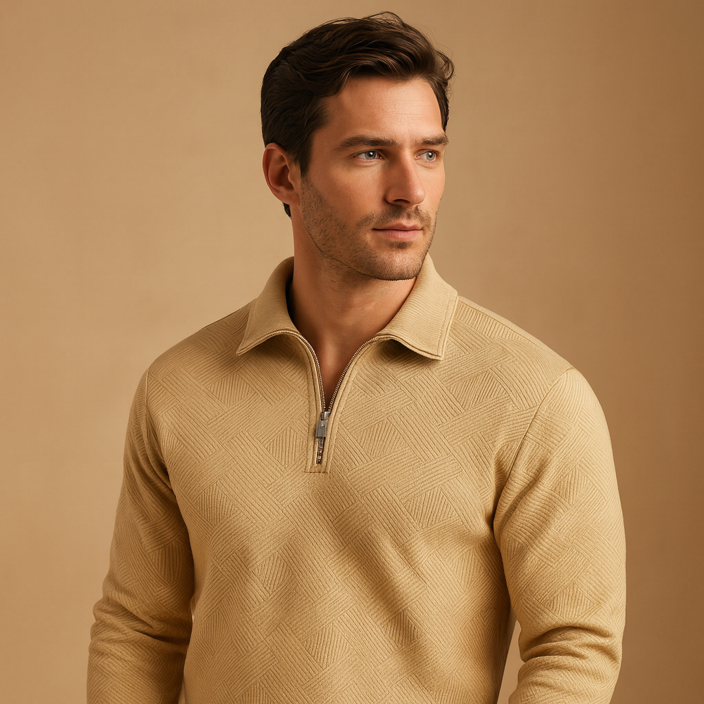 Quarter-zip polo sweater for men with geometric pattern and collared design, perfect for autumn and winter smart-casual outfits.