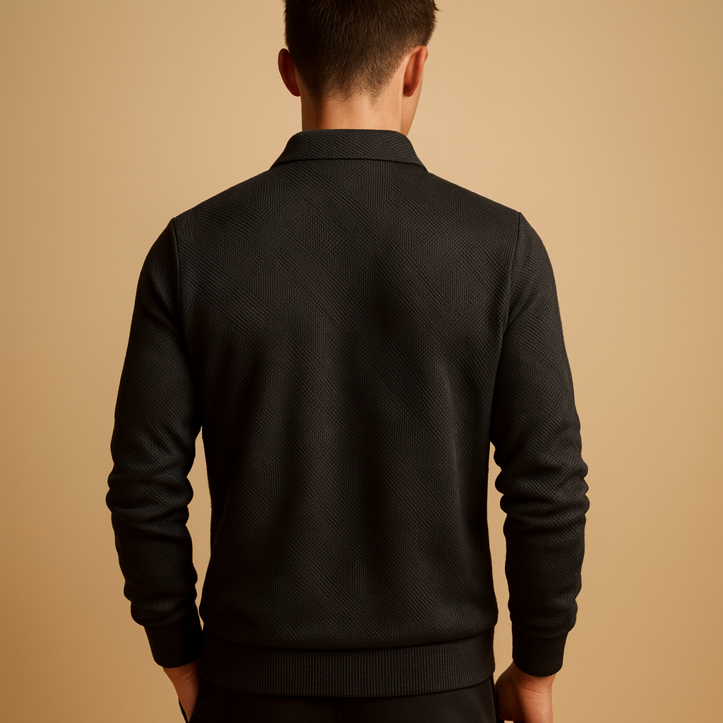 Quarter-zip polo sweater for men with geometric pattern and collared design, perfect for autumn and winter smart-casual outfits.