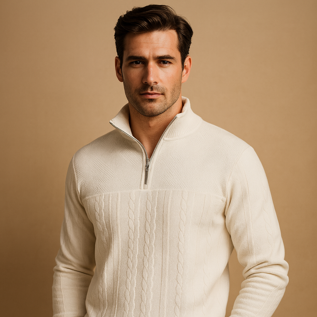 Quarter-zip pullover sweater for men with subtle woven pattern and relaxed fit, perfect for casual or semi-formal autumn and winter outfits.