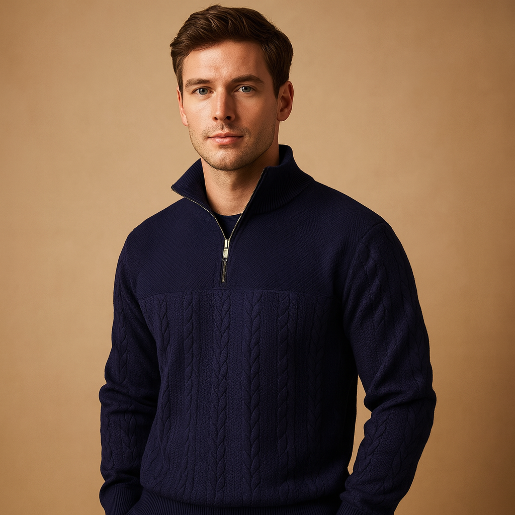 Quarter-zip pullover sweater for men with subtle woven pattern and relaxed fit, perfect for casual or semi-formal autumn and winter outfits.
