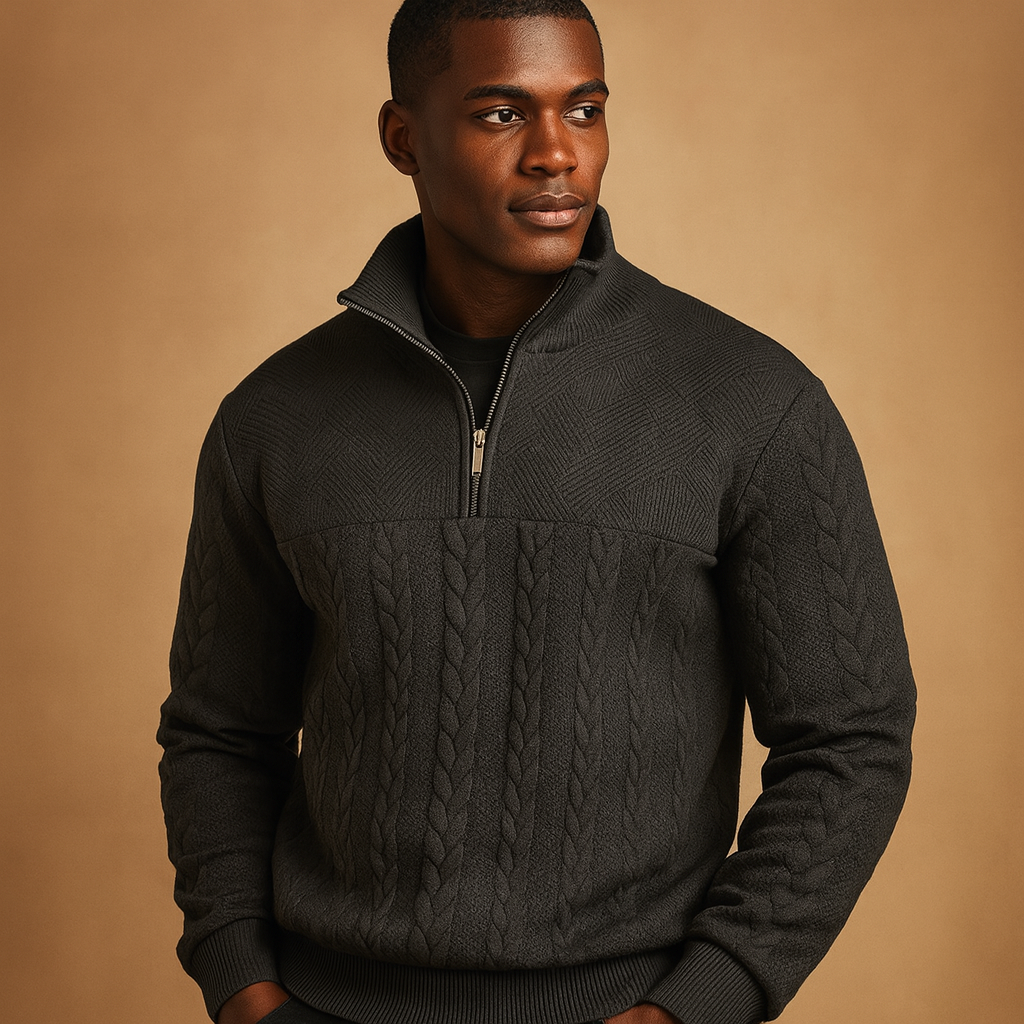 Quarter-zip pullover sweater for men with subtle woven pattern and relaxed fit, perfect for casual or semi-formal autumn and winter outfits.