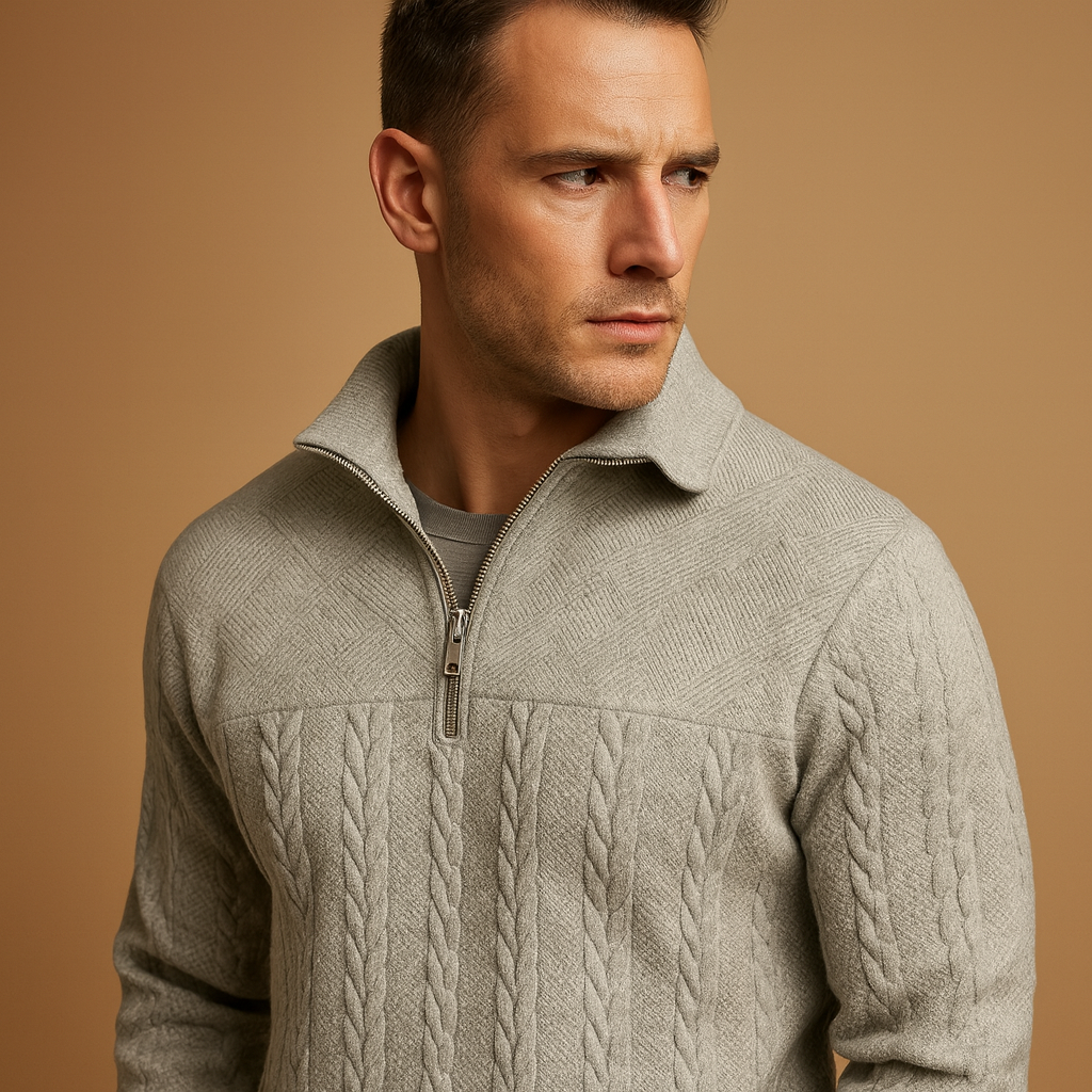 Quarter-zip pullover sweater for men with subtle woven pattern and relaxed fit, perfect for casual or semi-formal autumn and winter outfits.