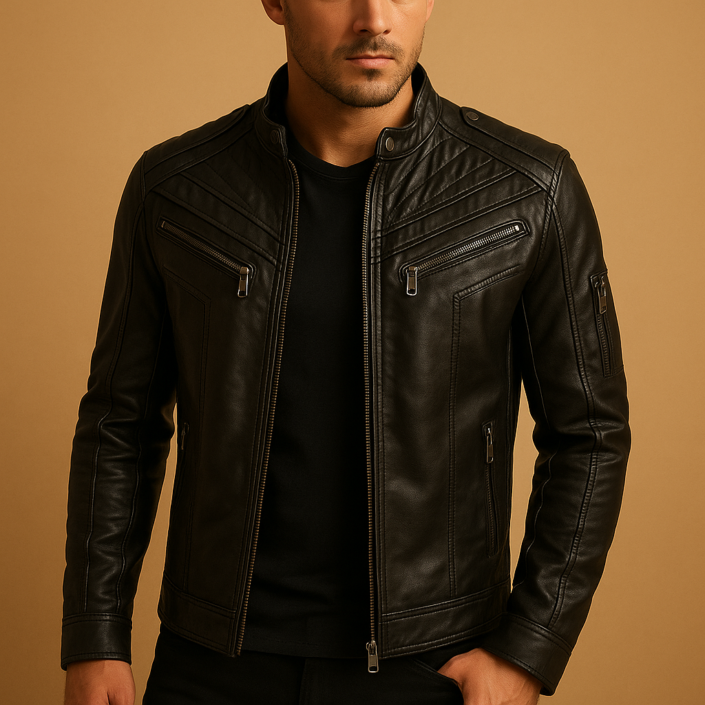 Men’s quilted jacket with standing collar and zip pockets, ideal for casual and formal all-season wear.