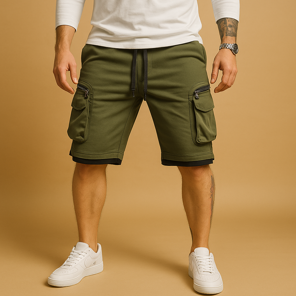 Men’s relaxed cargo shorts with adjustable drawstring waist and multiple pockets, perfect for summer, outdoor, or casual wear.