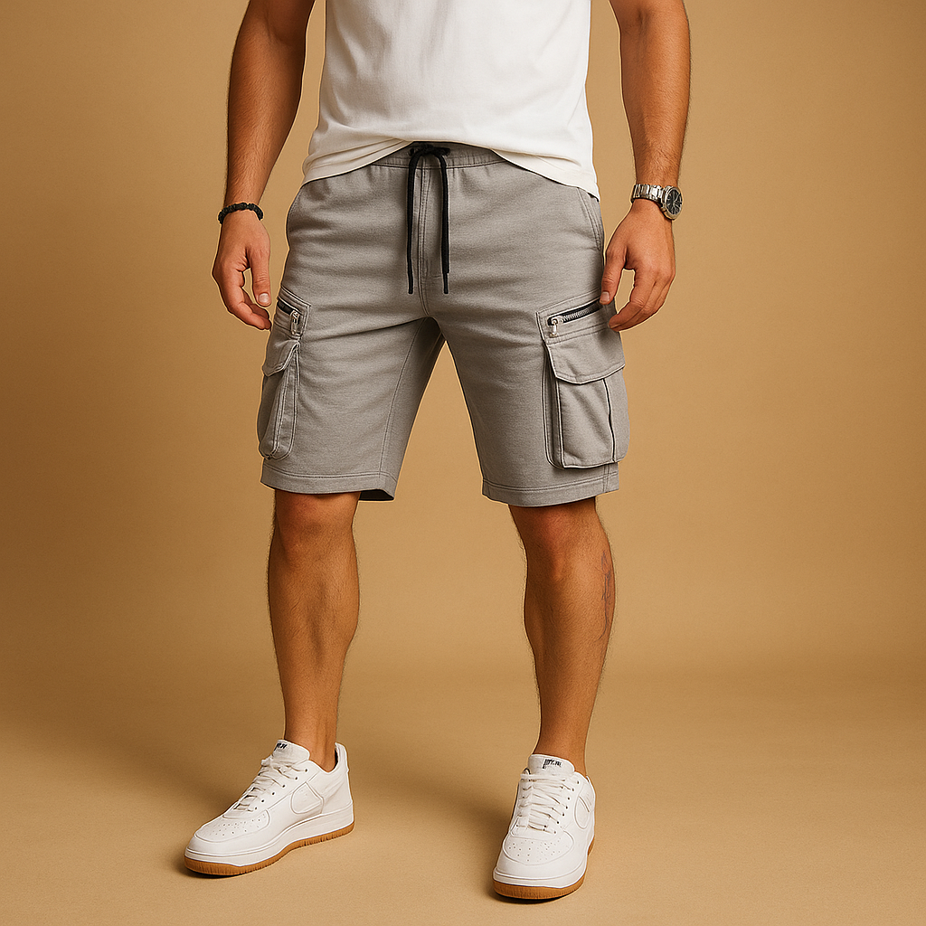 Men’s relaxed cargo shorts with adjustable drawstring waist and multiple pockets, perfect for summer, outdoor, or casual wear.