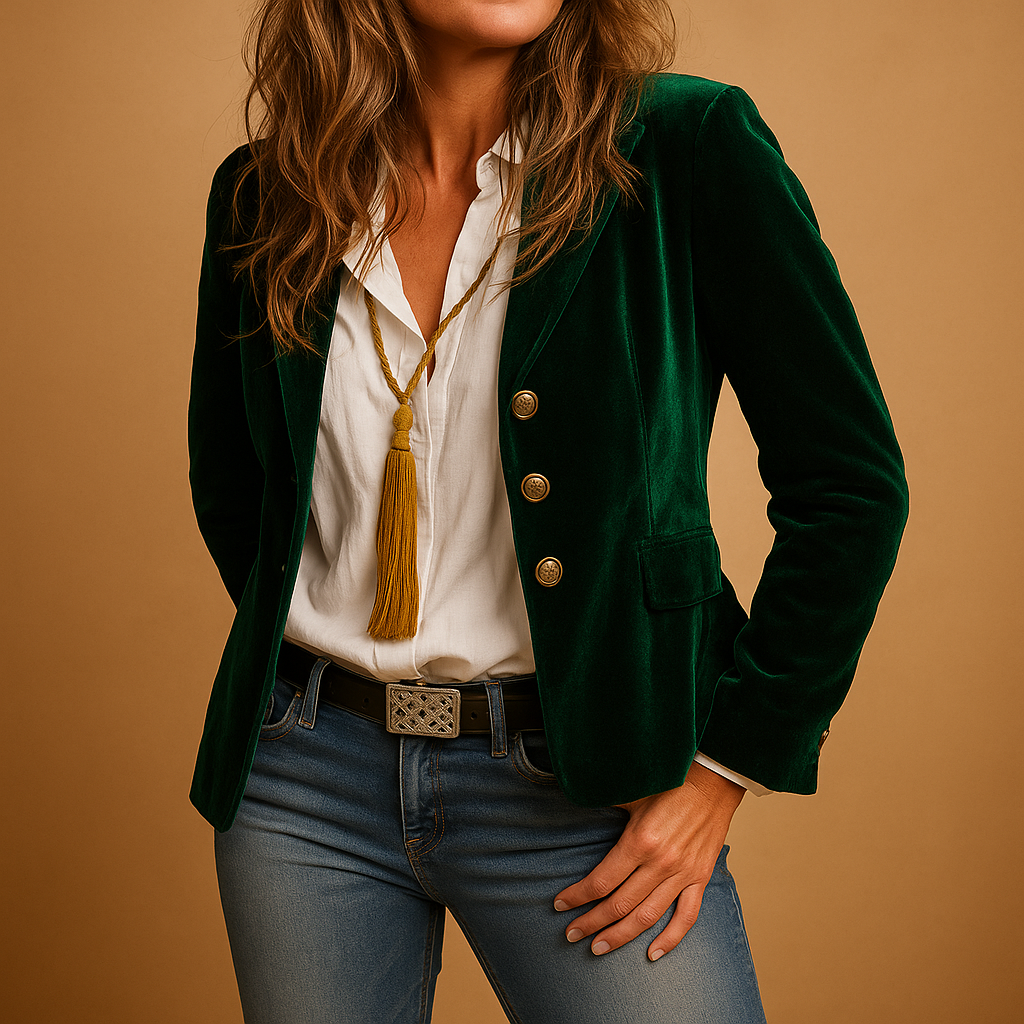 Retro slim-fit women’s blazer with tailored design, lapel collar, and pockets, perfect for formal outfits and everyday styling.