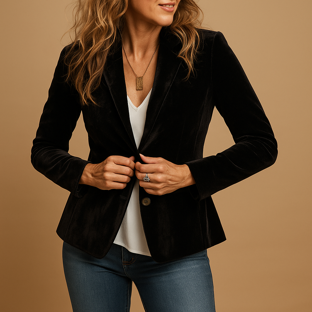 Retro slim-fit women’s blazer with tailored design, lapel collar, and pockets, perfect for formal outfits and everyday styling.
