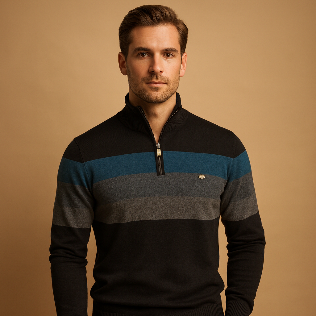 Retro striped pullover for men with collar and zipper, featuring a soft fabric and bold vintage design, perfect for autumn and winter wear.