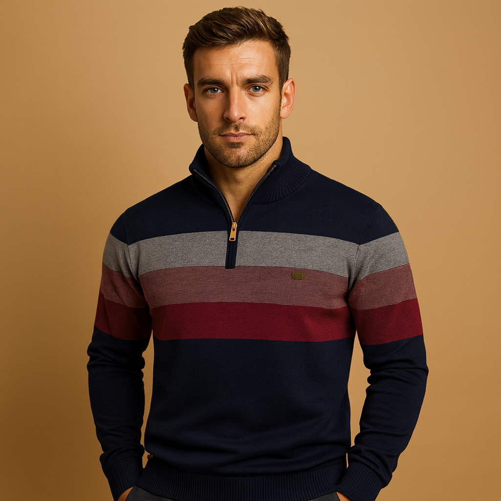 Retro striped pullover for men with collar and zipper, featuring a soft fabric and bold vintage design, perfect for autumn and winter wear.