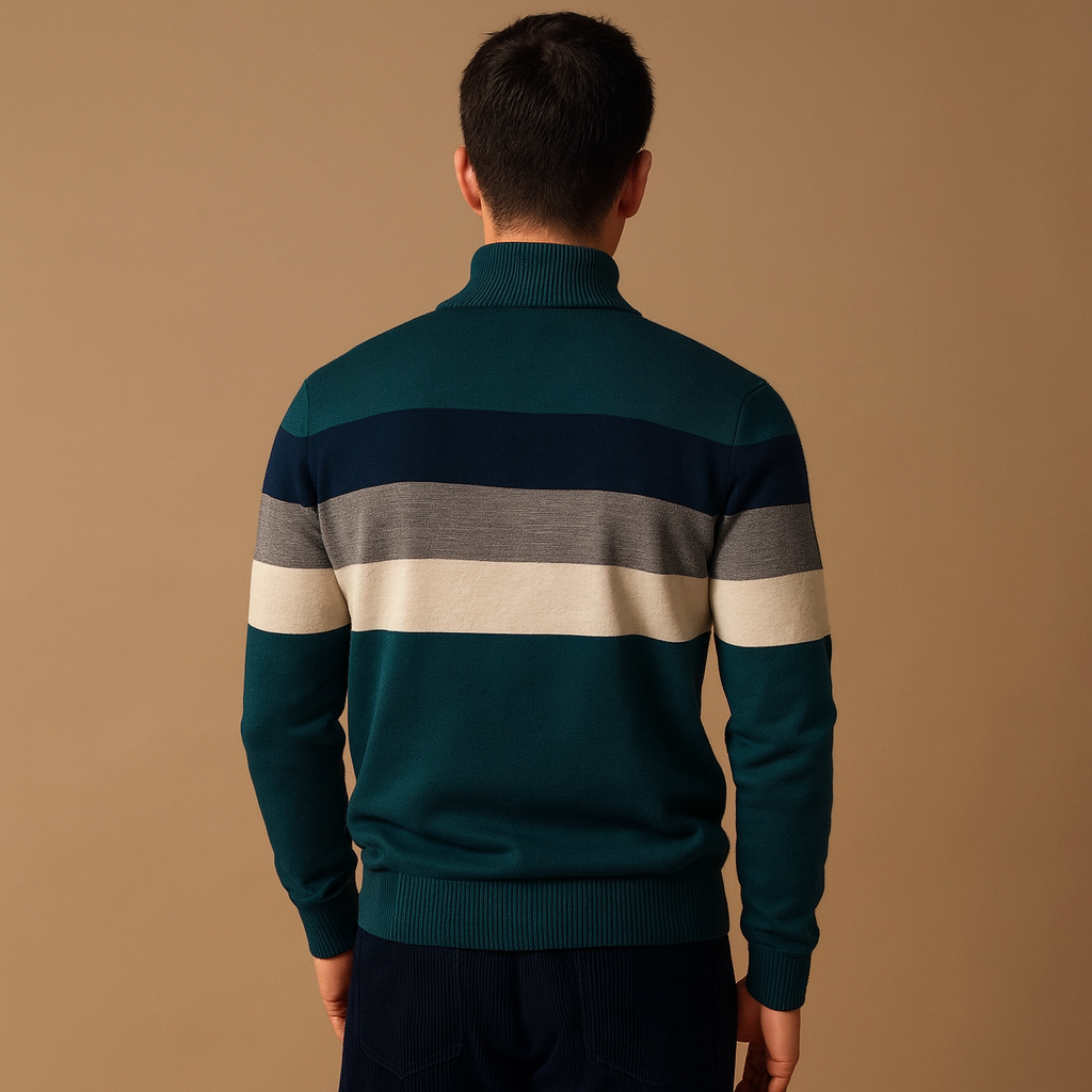 Retro striped pullover for men with collar and zipper, featuring a soft fabric and bold vintage design, perfect for autumn and winter wear.