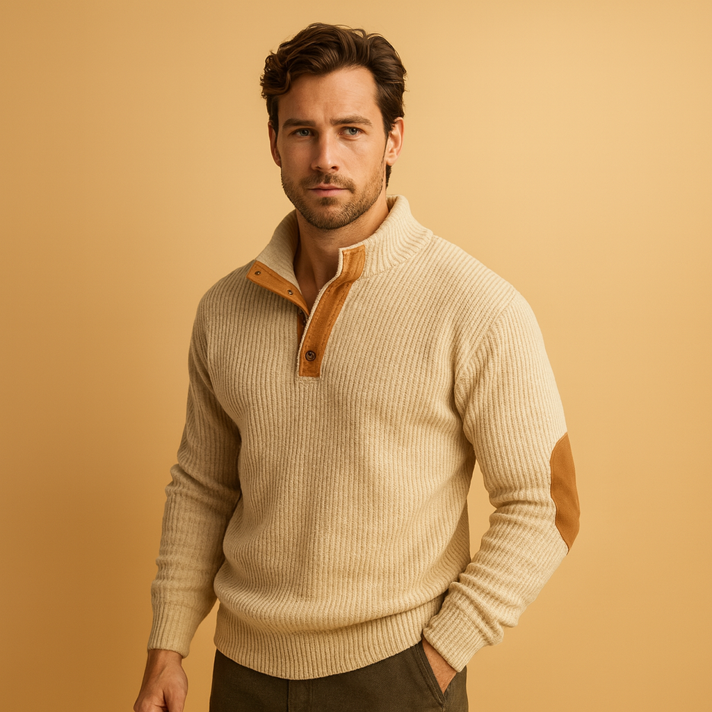 Men’s ribbed sweatshirt with collar and button closure, made from soft cotton for comfort and style during autumn and winter wear.