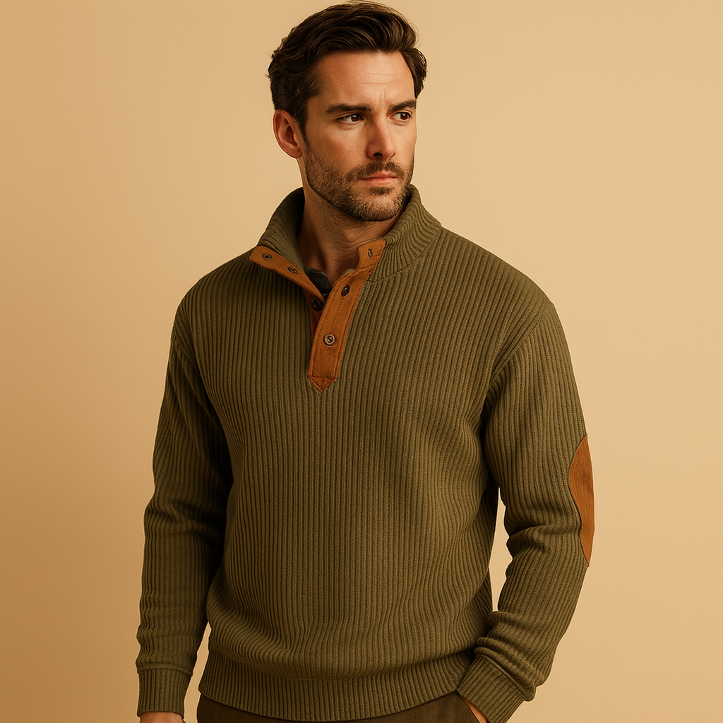 Men’s ribbed sweatshirt with collar and button closure, made from soft cotton for comfort and style during autumn and winter wear.
