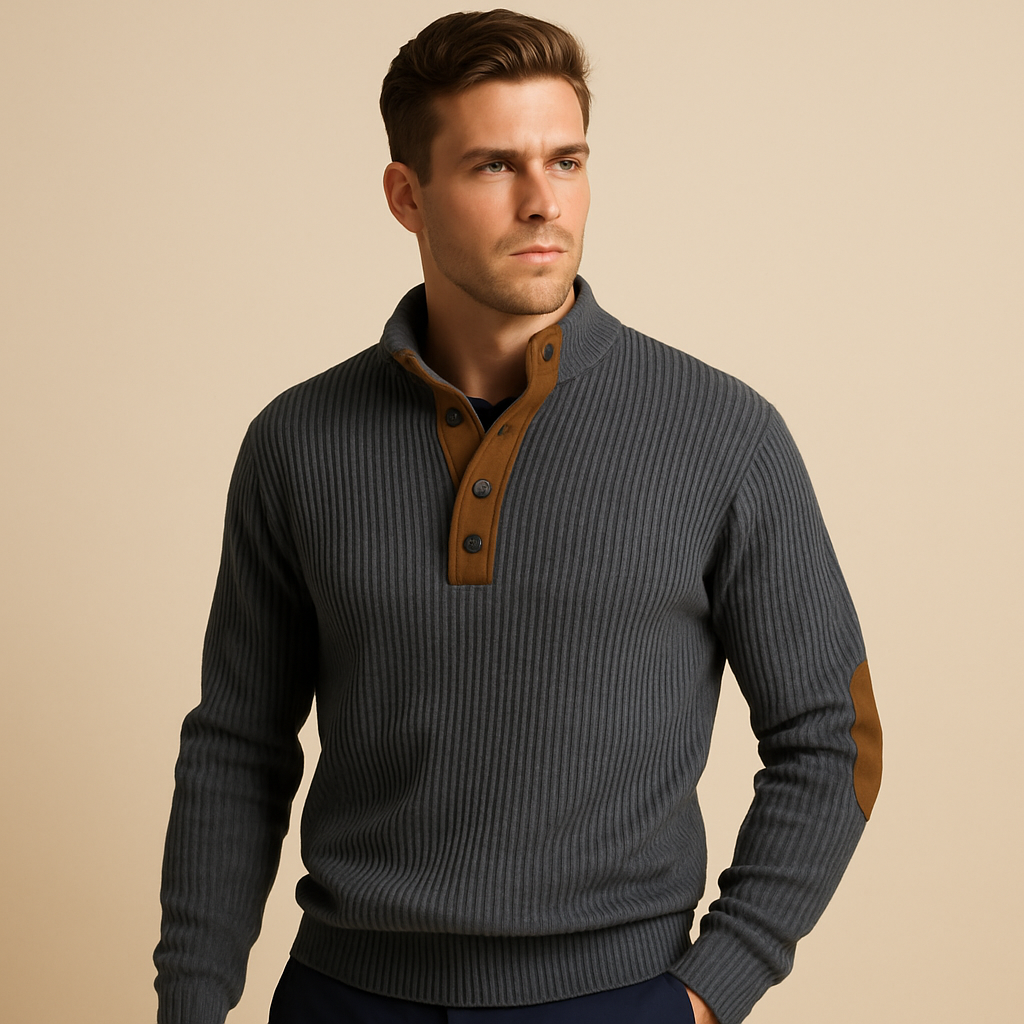 Men’s ribbed sweatshirt with collar and button closure, made from soft cotton for comfort and style during autumn and winter wear.
