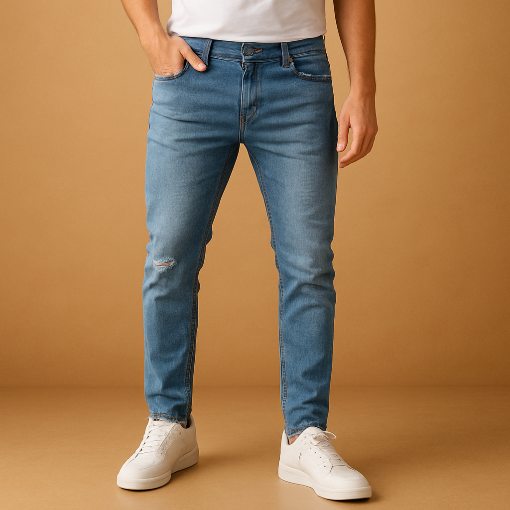 Men’s ripped slim-fit jeans made from durable stretch denim, featuring modern distressed details for a trendy streetwear look.