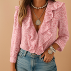 Women’s ruffle blouse with butterfly print and long sleeves, offering a light tailored fit and feminine style for all-day wear.