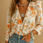 Women’s ruffle blouse with butterfly print and long sleeves, offering a light tailored fit and feminine style for all-day wear.