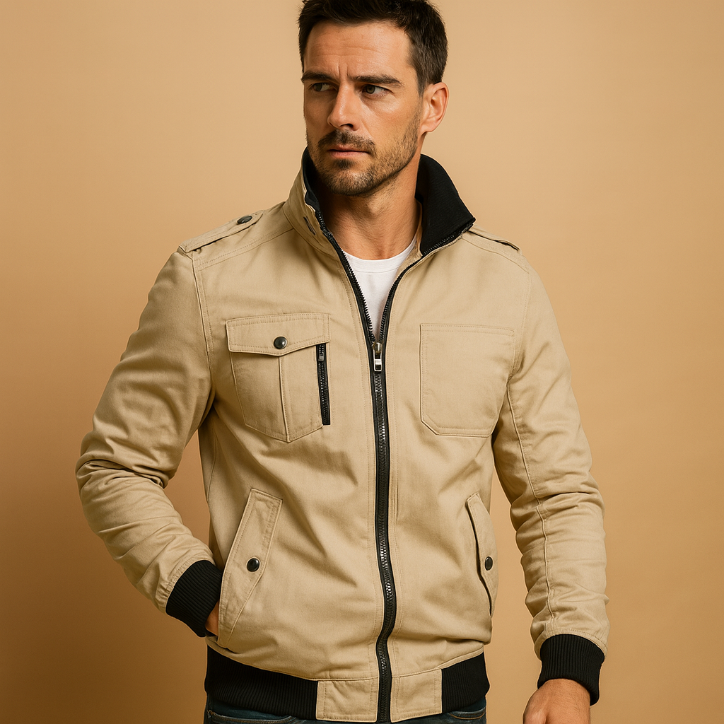 Men’s rugged bomber jacket with tactical details, high collar, ribbed cuffs, and multiple pockets for daily wear and outdoor adventures.