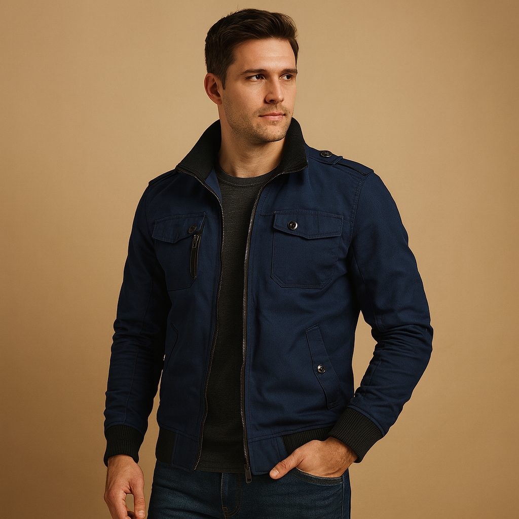 Men’s rugged bomber jacket with tactical details, high collar, ribbed cuffs, and multiple pockets for daily wear and outdoor adventures.