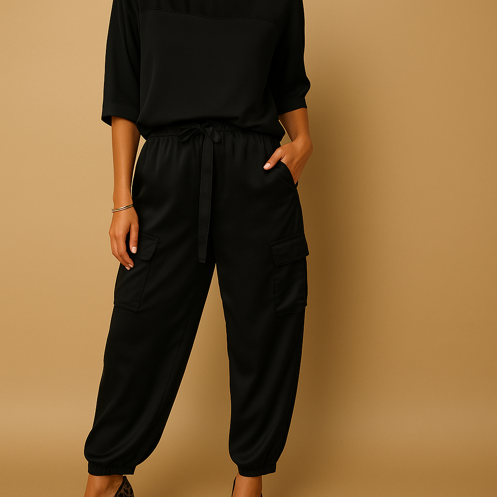 Women’s satin two-piece set with half-sleeve top and straight-leg pants, perfect for elegant evenings, home comfort, or formal events.