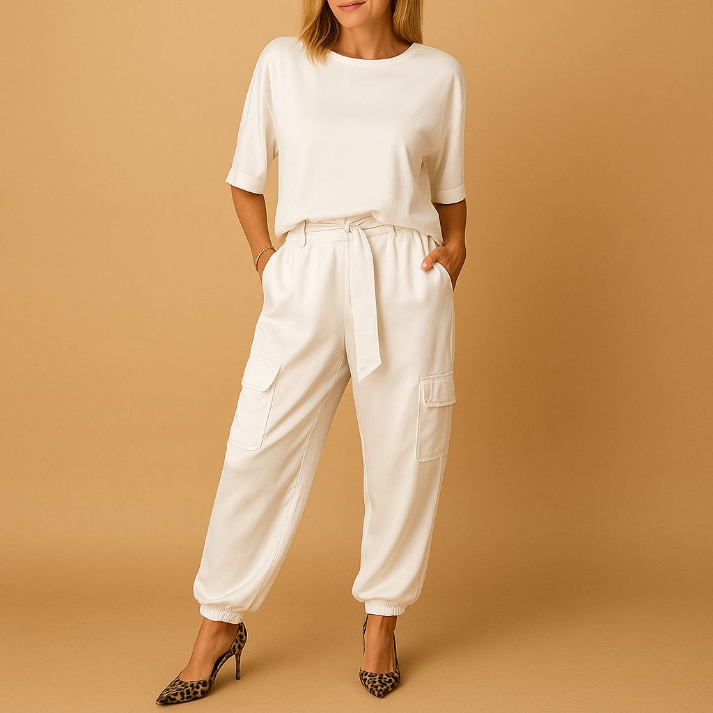Women’s satin two-piece set with half-sleeve top and straight-leg pants, perfect for elegant evenings, home comfort, or formal events.