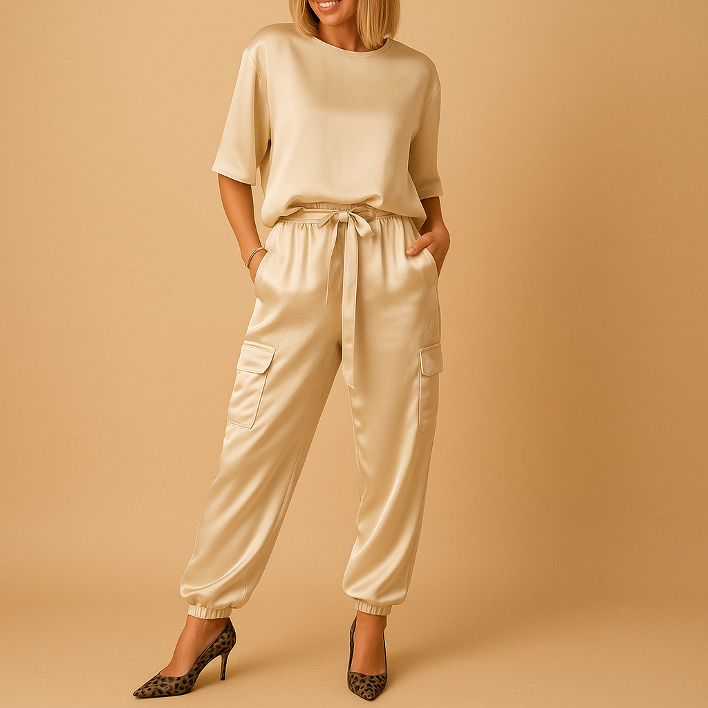 Women’s satin two-piece set with half-sleeve top and straight-leg pants, perfect for elegant evenings, home comfort, or formal events.