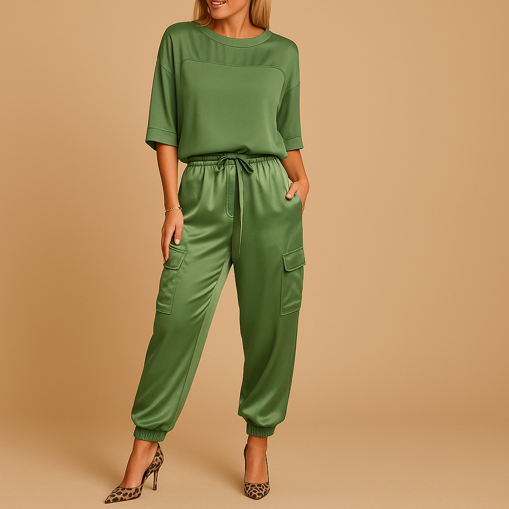 Women’s satin two-piece set with half-sleeve top and straight-leg pants, perfect for elegant evenings, home comfort, or formal events.