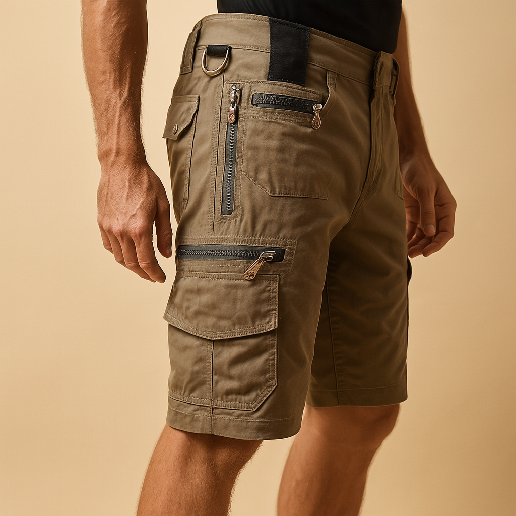 Men’s short cargo shorts with multiple pockets and relaxed fit, perfect for outdoor adventures, travel, and casual everyday wear.