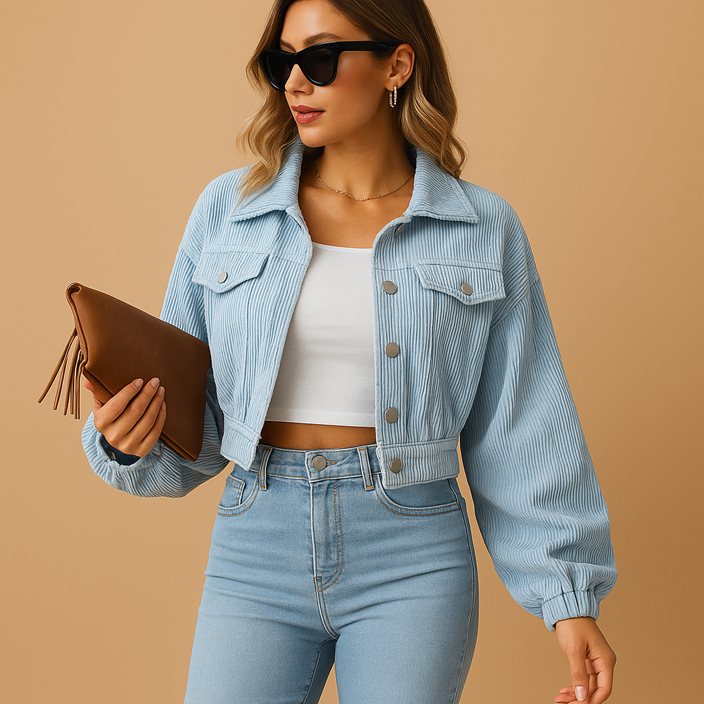 Women’s short corduroy jacket with a ribbed texture, chest pockets, silver buttons, and a modern silhouette, suitable for everyday wear and layered outfits.