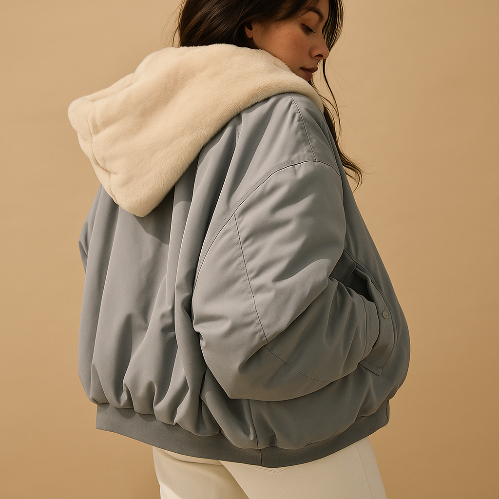 Women’s short hooded winter jacket with padded lining, removable hood, and modern fit, suitable for daily wear and city outings in winter.