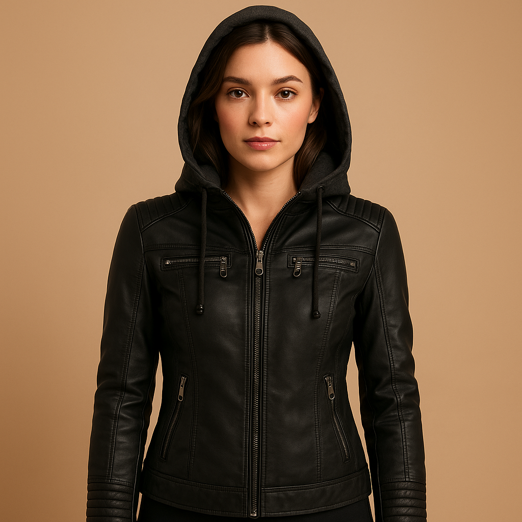 Women’s short jacket with a slim fit, detachable hood, and modern zip details, suitable for casual outings, outdoor wear, and stylish evenings.