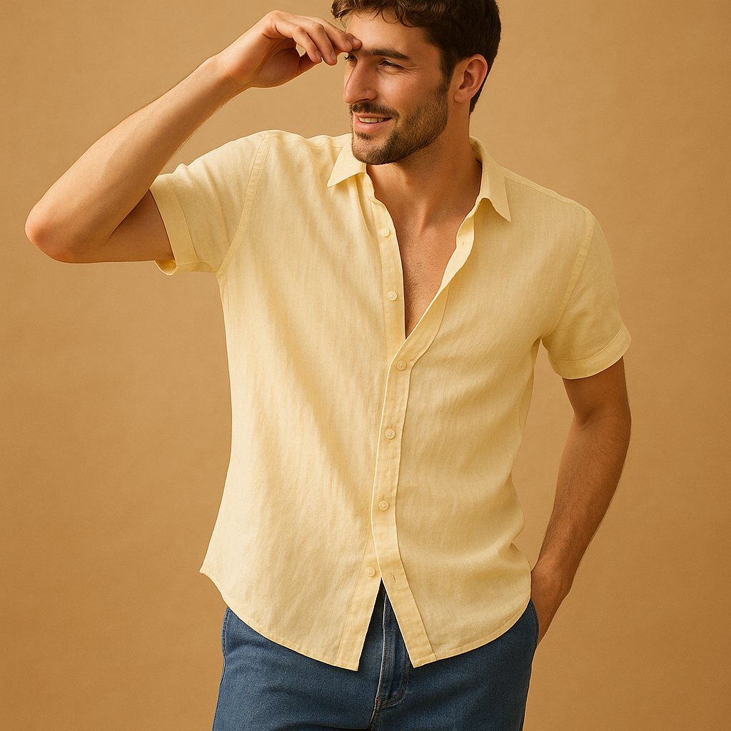 Men’s short sleeve summer shirt in white, green, khaki, gray, black, and baby blue, ideal for warm weather and casual wear.