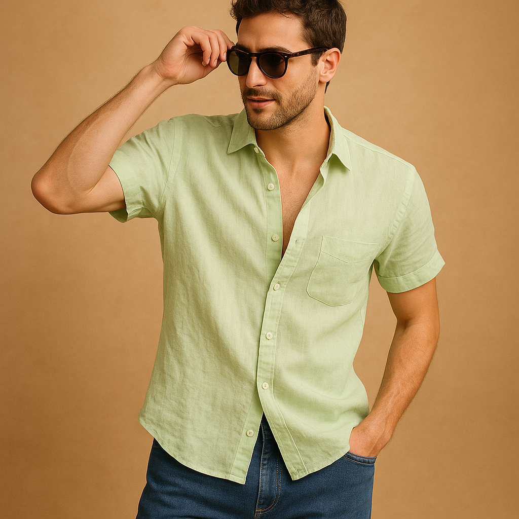 Men’s short sleeve summer shirt in white, green, khaki, gray, black, and baby blue, ideal for warm weather and casual wear.