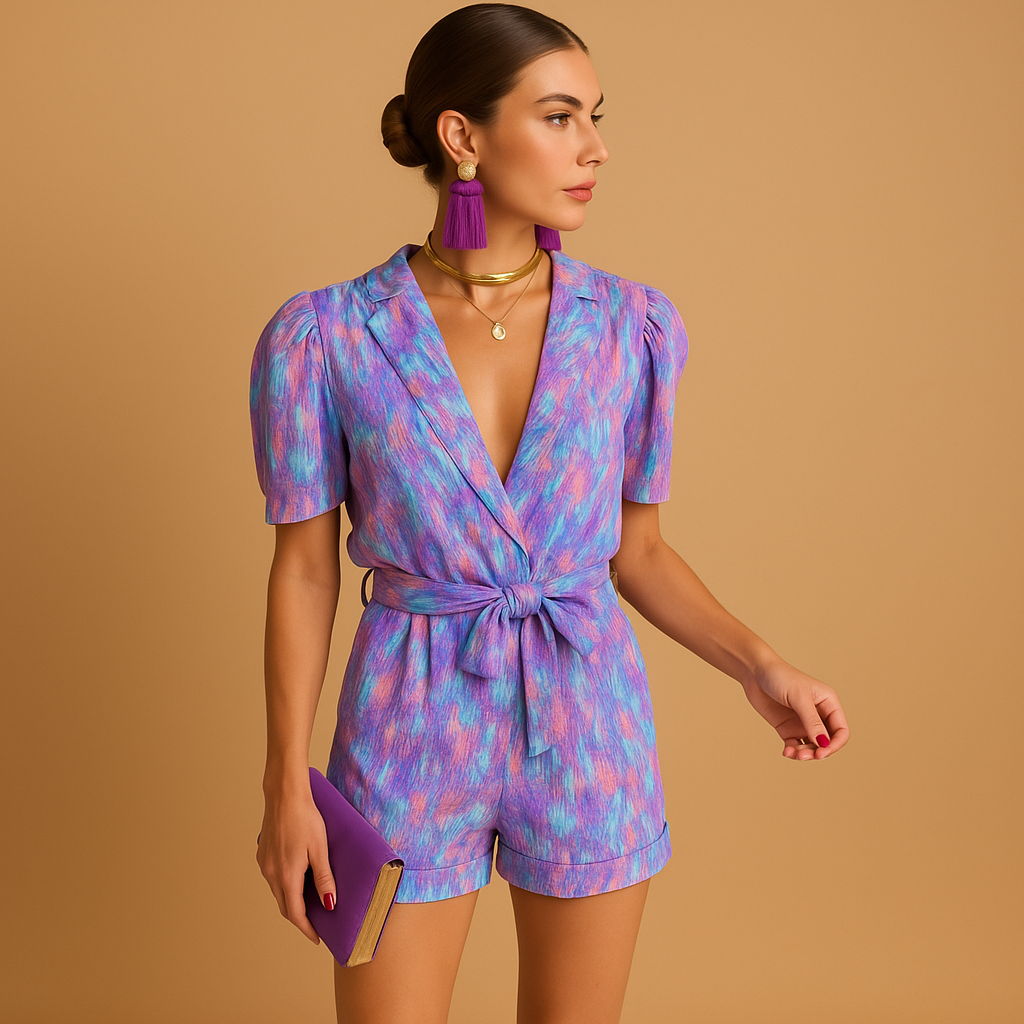 Short summer jumpsuit for women with playful print and waist belt, perfect for warm weather and stylish evenings.