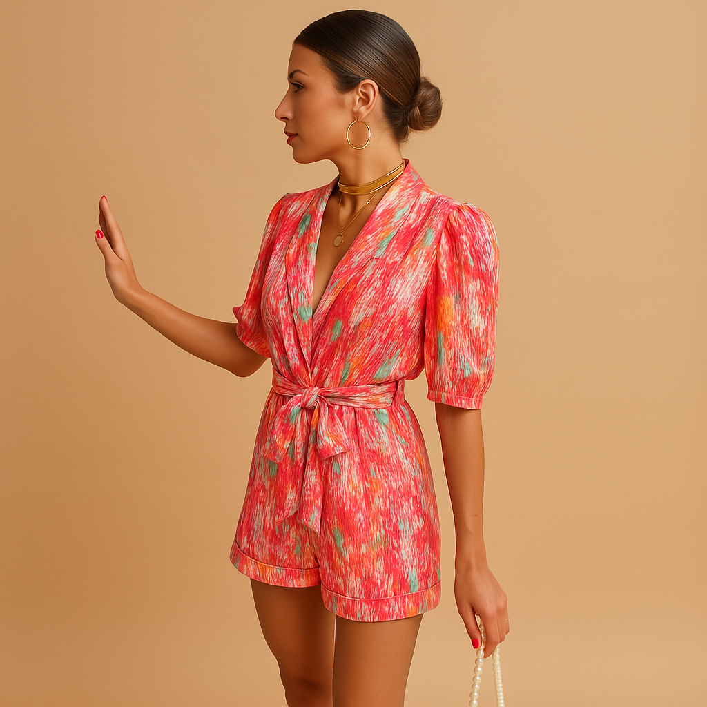 Short summer jumpsuit for women with playful print and waist belt, perfect for warm weather and stylish evenings.