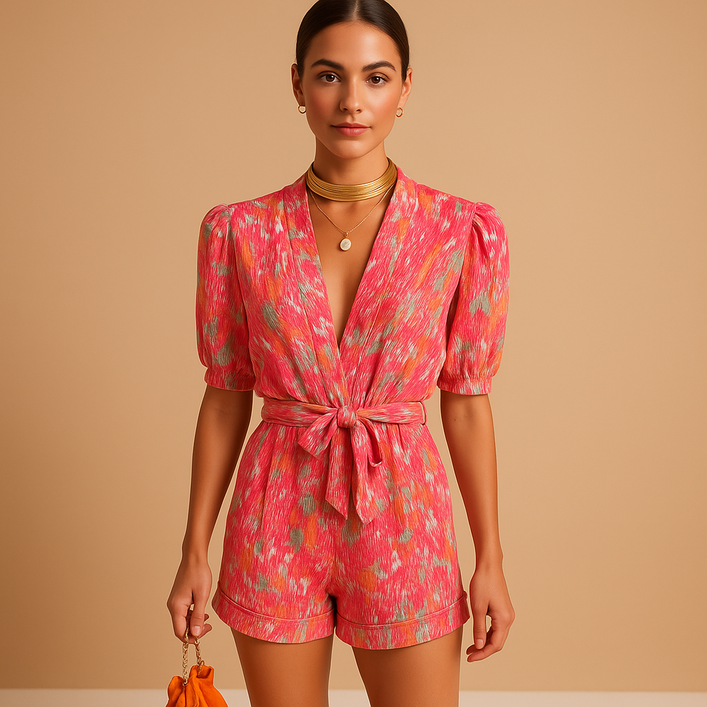 Short summer jumpsuit for women with playful print and waist belt, perfect for warm weather and stylish evenings.