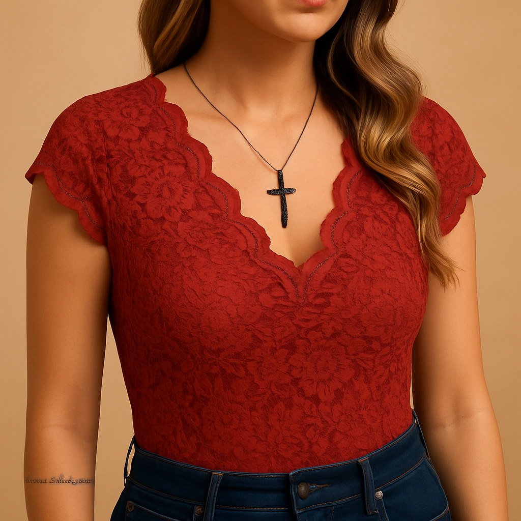 Women’s sleeveless lace V-neck top with a slim fit and elegant lace details, ideal for formal occasions, parties, and stylish summer outfits.