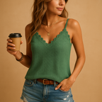 Women’s sleeveless top with lace V-neck and thin straps, perfect for summer days, formal looks, or layering under a blazer.