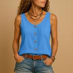 Women’s sleeveless V-neck summer top in vibrant colors with a relaxed fit and casual style, perfect for warm days.