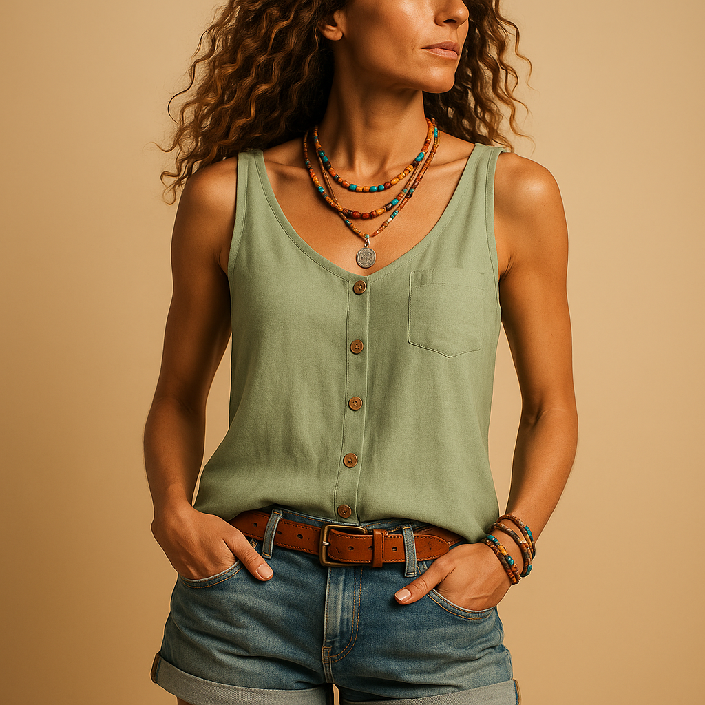 Women’s sleeveless V-neck summer top in vibrant colors with a relaxed fit and casual style, perfect for warm days.