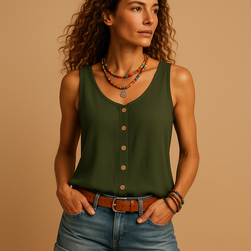 Women’s sleeveless V-neck summer top in vibrant colors with a relaxed fit and casual style, perfect for warm days.