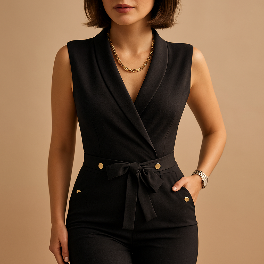 Tailored sleeveless jumpsuit for women with waist tie and deep V-neck, perfect for parties, formal events, and elegant evenings out.