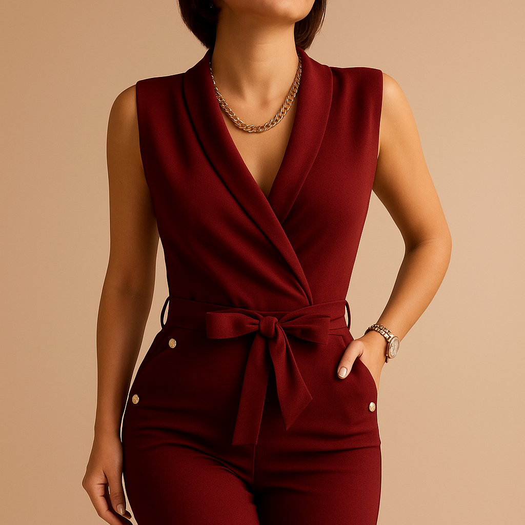 Tailored sleeveless jumpsuit for women with waist tie and deep V-neck, perfect for parties, formal events, and elegant evenings out.