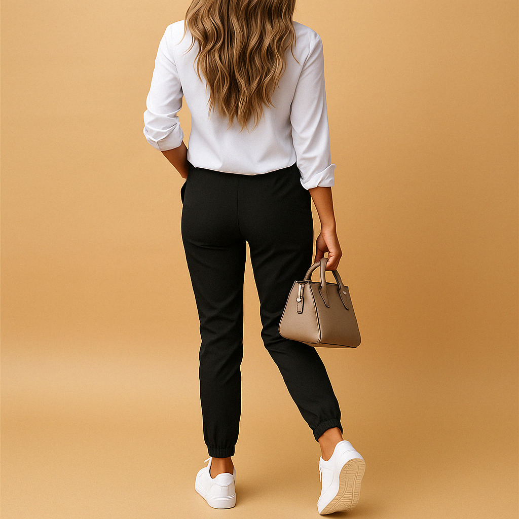 Women’s slim fit chino trousers with light stretch, offering a flattering fit and versatile style for office outfits, casual wear, and everyday looks.